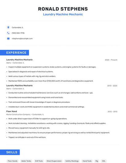 Laundry Machine Mechanic Resume