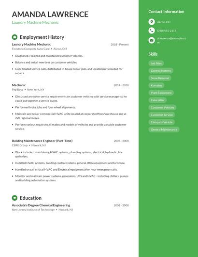 Laundry Machine Mechanic Resume
