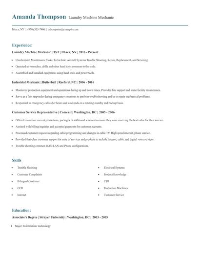 Laundry Machine Mechanic Resume
