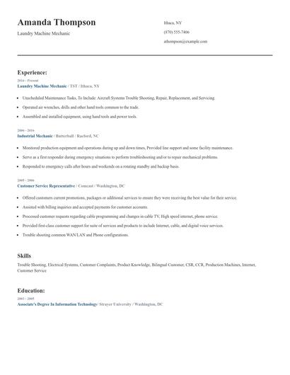 Laundry Machine Mechanic Resume