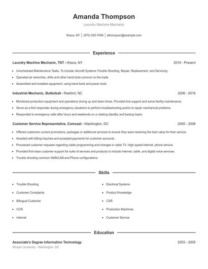 Laundry Machine Mechanic Resume