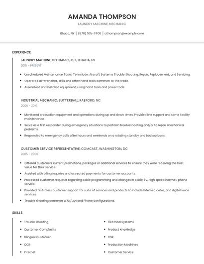 Laundry Machine Mechanic Resume