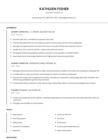 Laundry Operator Resume