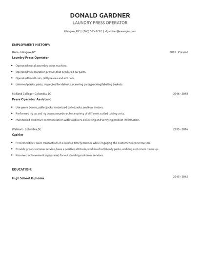 Laundry Press Operator Resume