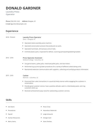 Laundry Press Operator Resume