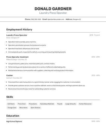 Laundry Press Operator Resume