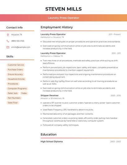 Laundry Press Operator Resume
