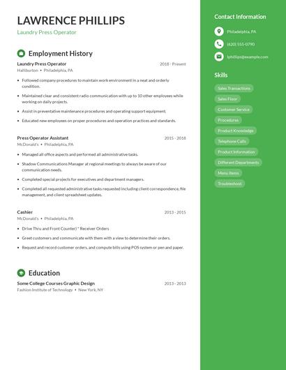 Laundry Press Operator Resume