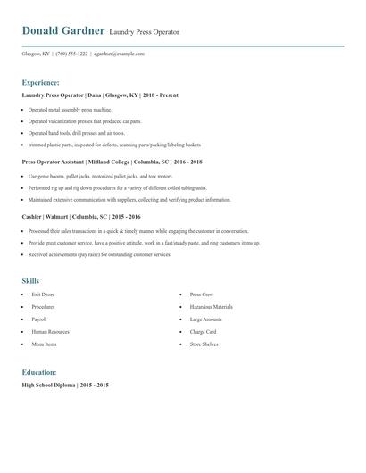 Laundry Press Operator Resume