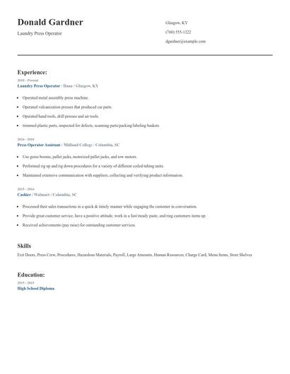 Laundry Press Operator Resume