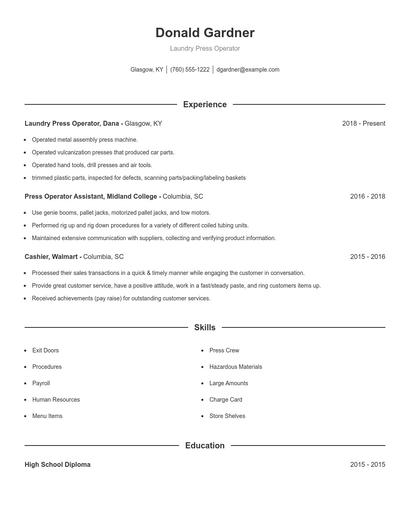 Laundry Press Operator Resume