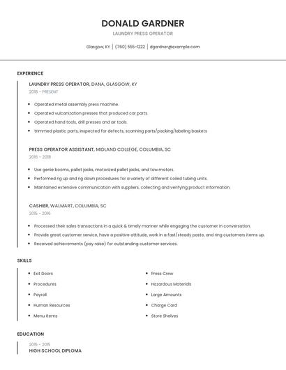 Laundry Press Operator Resume