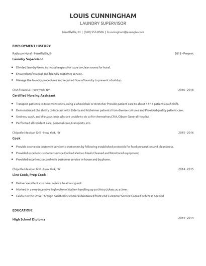 Laundry Supervisor Resume