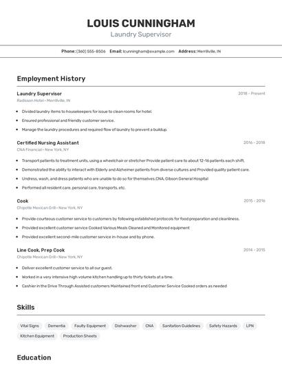 Laundry Supervisor Resume