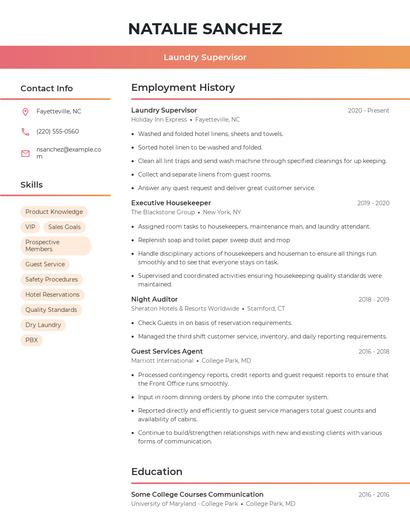 Laundry Supervisor Resume
