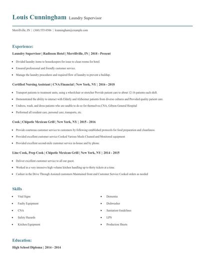 Laundry Supervisor Resume