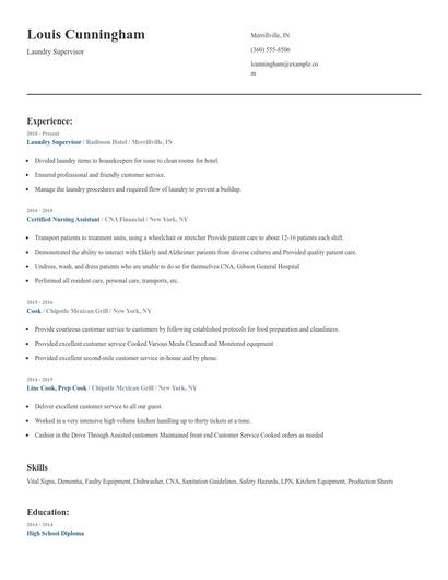 Laundry Supervisor Resume