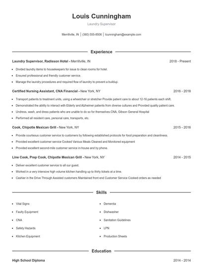 Laundry Supervisor Resume