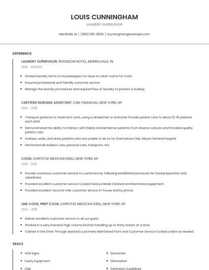 Laundry Supervisor Resume