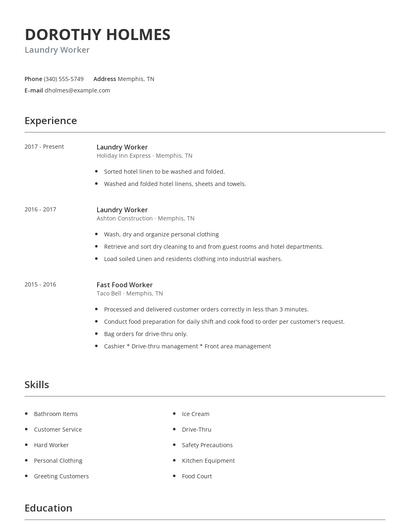 Laundry Worker Resume