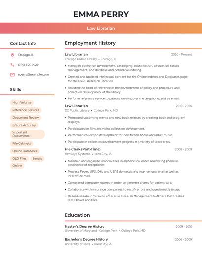 Law Librarian Resume