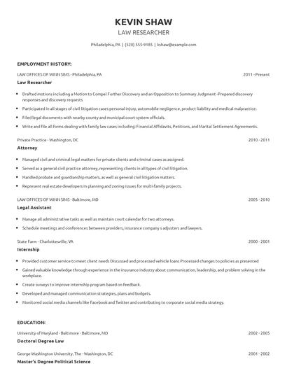 Law Researcher Resume