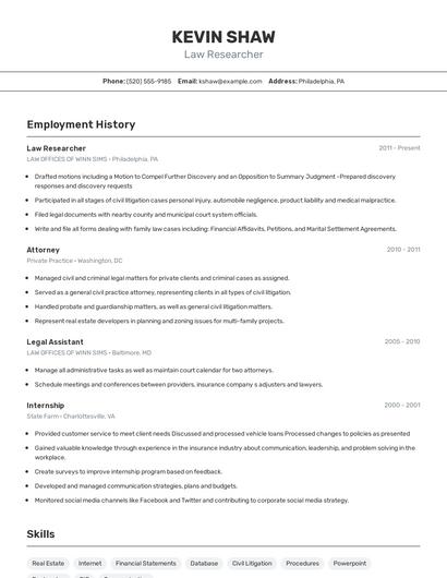 Law Researcher Resume