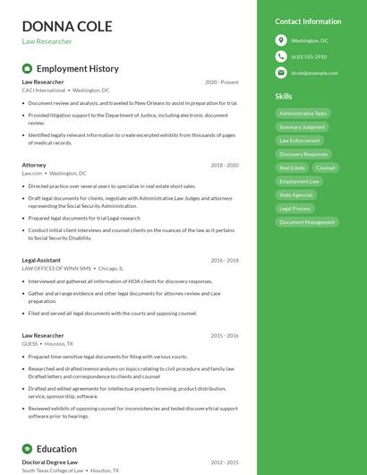 Law Researcher Resume