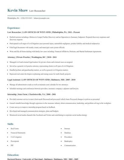 Law Researcher Resume