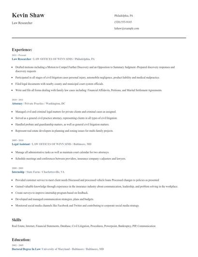 Law Researcher Resume