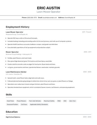 Lawn Mower Operator Resume