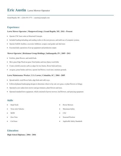 Lawn Mower Operator Resume