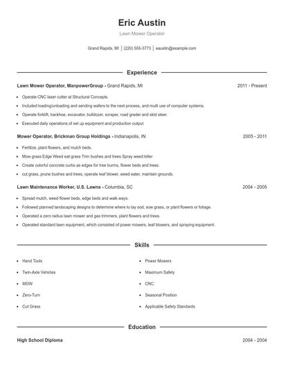 Lawn Mower Operator Resume