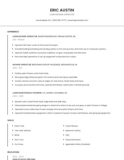 Lawn Mower Operator Resume