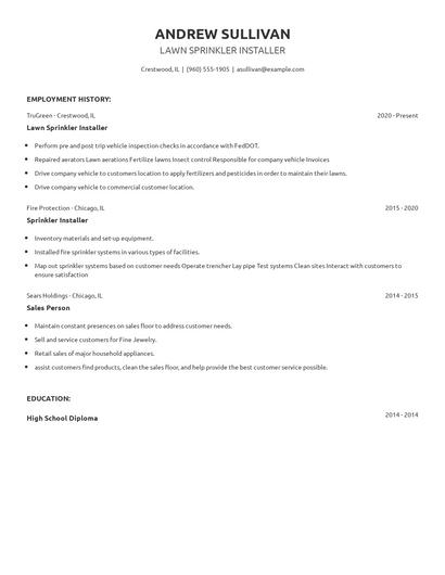 Lawn Sprinkler Installer Resume