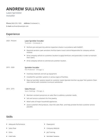 Lawn Sprinkler Installer Resume