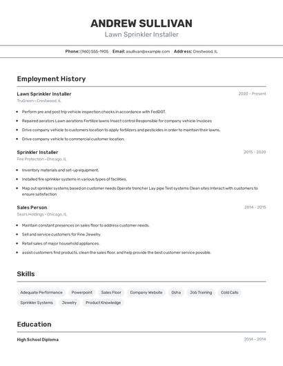 Lawn Sprinkler Installer Resume