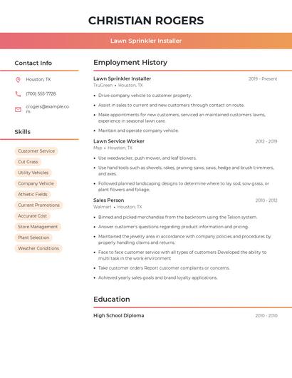 Lawn Sprinkler Installer Resume