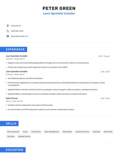 Lawn Sprinkler Installer Resume
