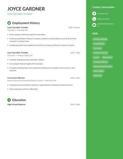 Lawn Sprinkler Installer Resume