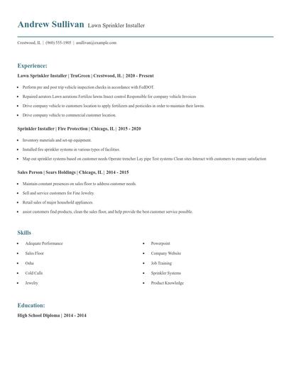 Lawn Sprinkler Installer Resume
