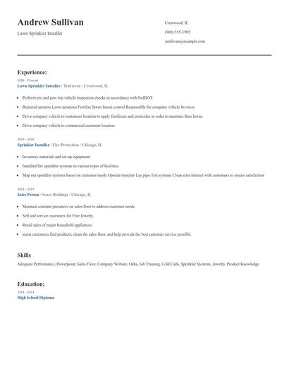 Lawn Sprinkler Installer Resume