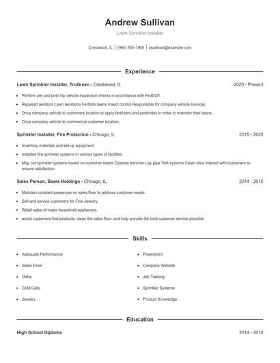 Lawn Sprinkler Installer Resume