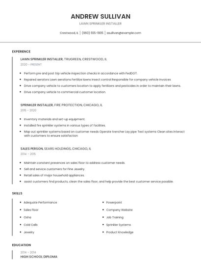 Lawn Sprinkler Installer Resume
