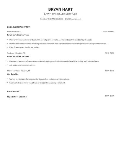 Lawn Sprinkler Servicer Resume