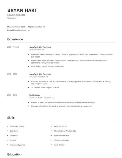 Lawn Sprinkler Servicer Resume