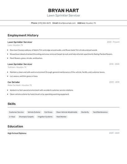 Lawn Sprinkler Servicer Resume