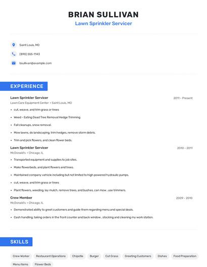 Lawn Sprinkler Servicer Resume