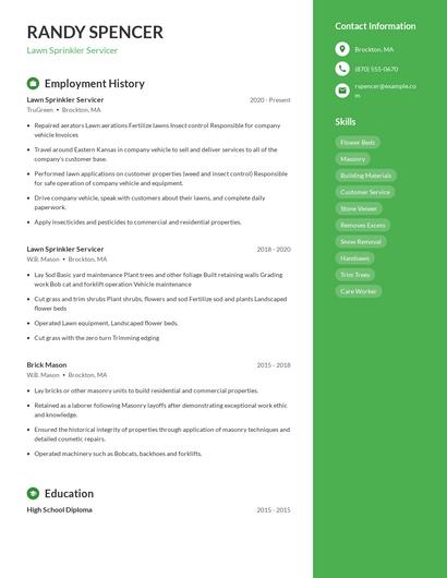 Lawn Sprinkler Servicer Resume