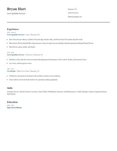 Lawn Sprinkler Servicer Resume